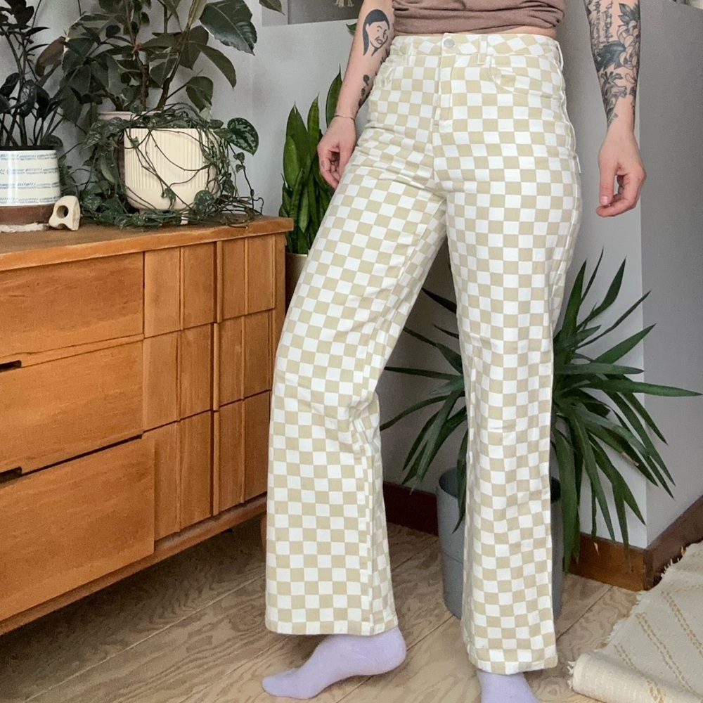 Checkerboard Beige & White High-Rise Jeans